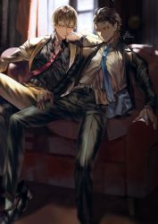 Rule 34 | 2boys, belt, belt buckle, black footwear, black jacket, black pants, black shirt, brown hair, buckle, couch, curtains, dark-skinned male, dark skin, earrings, fate/grand order, fate (series), feet out of frame, formal, full body, gilgamesh (fate), highres, jacket, jewelry, looking at viewer, male focus, multiple boys, on couch, ozymandias (fate), pants, sakura hitsuji, shirt, shoes, short hair, signature, sitting, suit, twitter username, unbuttoned, unbuttoned shirt, white jacket, white pants, white shirt, window, yellow eyes