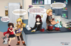 Rule 34 | arm tattoo, artist request, baking, blonde hair, commission, commissioner upload, cooking, corgi, dog, family, grey eyes, kitchen, red hair, ruby rose, rwby, stove, summer rose, taiyang xiao long, tattoo, yang xiao long, zwei (rwby)