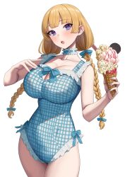 Rule 34 | 1girl, bikini, blonde hair, blue choker, blue eyes, blue nails, blue one-piece swimsuit, braid, breasts, casual one-piece swimsuit, choker, cleavage cutout, clothing cutout, food, frilled choker, frilled one-piece swimsuit, frills, gingham, highres, holding, holding food, holding ice cream, ice cream, ice cream cone, large breasts, lina (michihasu), long hair, looking at viewer, low-tied long hair, low twintails, michihasu, nail polish, one-piece swimsuit, open mouth, original, plaid, plaid swimsuit, solo, swimsuit, twin braids, twintails, upper body