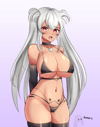 Rule 34 | 1girl, absurdres, alabama (azur lane), arms behind back, artist name, azur lane, bad id, bad pixiv id, bikini, black bikini, black choker, black gloves, black thighhighs, body markings, breasts, choker, commentary, cowboy shot, elbow gloves, facial mark, gloves, gradient background, heart, highres, large breasts, long hair, looking at viewer, navel, open mouth, pink eyes, purple background, signature, silver hair, solo, sonker l, standing, stomach, swimsuit, thighhighs, thighs, twintails, very long hair, whisker markings