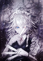 Rule 34 | 1girl, between fingers, blue dress, blue eyes, braid, bright pupils, covered mouth, denpa rasaito, dress, frills, gears, grey theme, hair between eyes, highres, holding, holding knife, izayoi sakuya, knife, looking at viewer, maid, maid headdress, medium hair, puffy short sleeves, puffy sleeves, red eyes, red neckwear, short sleeves, side braid, silver hair, solo, touhou, upper body