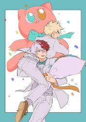 Rule 34 | 2boys, alternate costume, aqua border, aqua bow, bakugou katsuki, blue eyes, boku no hero academia, border, bouquet, bow, bowtie, brown footwear, burn scar, carrying over shoulder, confetti, flower, formal, grey jacket, grey pants, grey suit, happy, heterochromia, highres, holding, holding bouquet, holding stuffed toy, husband and husband, jacket, jewelry, long hair, long sleeves, male focus, multicolored hair, multiple boys, open mouth, outside border, oversized object, pants, red eyes, red hair, ring, scar, scar on face, short hair, simple background, smile, spiked hair, split-color hair, standing, stuffed animal, stuffed cat, stuffed toy, suit, suit jacket, todoroki shouto, two-tone hair, white background, white hair, yaoi, yasasisa 1018