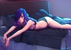Rule 34 | 1girl, ass, backlighting, bed, black bra, black panties, blue eyes, blue light, bra, breasts, commentary, english commentary, expressionless, figgylicious, flat ass, hair over one eye, lace, lace bra, lace panties, light (figgylicious), lips, lying, on bed, on stomach, original, panties, pillow, purple hair, sideboob, signature, solo, underwear, underwear only, unfinished