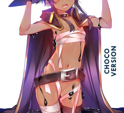 Rule 34 | 1girl, arms up, asymmetrical legwear, bad id, bad pixiv id, bandaged leg, bandages, belt, belt buckle, black cape, black thighhighs, blush, bottomless, breasts, brown hair, buckle, cape, collar, collarbone, commentary, dark-skinned female, dark skin, english commentary, english text, head out of frame, highres, kono subarashii sekai ni shukufuku wo!, megumin, mismatched legwear, navel, oil, open mouth, sarashi, short hair with long locks, sidelocks, single thighhigh, skindentation, small breasts, solo, standing, stomach, sydus, thighhighs