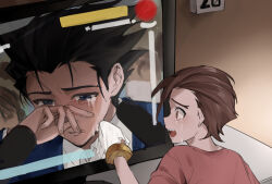 Rule 34 | 2boys, ace attorney, apollo justice, black hair, blue eyes, blue jacket, bracelet, brown eyes, brown hair, closed mouth, collared shirt, crying, crying with eyes open, from behind, holding tissue, jacket, jewelry, long sleeves, microphone, miso shouyu (elbmxlf777), multiple boys, open mouth, phoenix wright, portrait, profile, red shirt, rubbing eyes, shirt, short sleeves, spiked hair, t-shirt, tears, television, white shirt, wiping tears