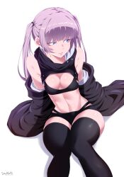 1girl absurdres artist_name bare_shoulders black_cloak black_panties black_shirt black_shorts black_thighhighs blue_eyes blunt_bangs breasts cleavage cleavage_cutout cloak clothing_cutout crop_top feet_out_of_frame grey_hair hair_tie highres medium_breasts midriff nanakusa_nazuna_(yofukashi_no_uta) navel panties shirt shorts sidelocks sitting solo stayaliveplz thighhighs twintails underwear white_background yofukashi_no_uta