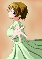 Rule 34 | 1girl, artist name, artist request, blush, breasts, brown background, brown hair, dress, female focus, green dress, green skirt, hair between eyes, highres, koizumi hanayo, looking at viewer, love live!, love live! school idol project, miniskirt, parted lips, plaid, plaid dress, plaid skirt, pleated, pleated dress, pleated skirt, puffy short sleeves, puffy sleeves, purple eyes, reaching, reaching towards viewer, short hair, short sleeves, skirt, smile, solo
