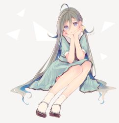 Rule 34 | 1girl, ahoge, alternate costume, black footwear, blue dress, blue eyes, blue hair, blush, closed mouth, colis, dress, full body, grey background, grey hair, hair between eyes, hands on own face, kantai collection, kiyoshimo (kancolle), long hair, looking at viewer, low twintails, short sleeves, smile, socks, solo, twintails, twitter username, very long hair, white socks