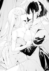 Rule 34 | 2girls, asymmetrical docking, grabbing another&#039;s breast, breast press, breasts, closed eyes, dress, flower, grabbing, hair flower, hair ornament, highres, kiss, kneeling, large breasts, maid, monochrome, multiple girls, original, see-through, see-through dress, sitting, small breasts, undressing another, yuri, zanka (the-only-neat)