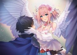 Rule 34 | 1boy, 1girl, angel wings, bad id, bad pixiv id, bare shoulders, black hair, blue eyes, blush, breasts, cleavage, crying, detached sleeves, elbow gloves, gloves, highres, holding another&#039;s head, kokonobe, medium breasts, pink hair, princess connect!, short hair, smile, wings, yui (princess) (princess connect!), yui (princess connect!), yuuki (princess connect!)