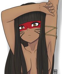 Rule 34 | 1girl, absurdres, armpits, arms up, artist name, black hair, blunt bangs, brazil, brchan, breasts, brown eyes, closed mouth, collarbone, commentary, dark-skinned female, dark skin, english commentary, expressionless, facepaint, facial mark, fingernails, frown, hair censor, highres, hime cut, kuruminha, long hair, looking at viewer, matsudart, medium breasts, shadow, simple background, solo, straight-on, string, topless, twitter username, upper body, very long hair, whisker markings, white background