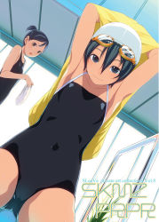 Rule 34 | 2girls, :o, armpits, arms up, black eyes, black hair, competition school swimsuit, flat chest, goggles, goggles on head, looking at viewer, multiple girls, one-piece swimsuit, open mouth, original, ponytail, school swimsuit, short ponytail, smile, sody, swim cap, swimsuit