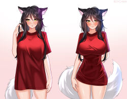 Rule 34 | 1girl, ahri (league of legends), animal ears, arm at side, arm behind back, artist name, averting eyes, black hair, blush, breasts, closed mouth, collarbone, contrapposto, covered navel, cowboy shot, facial mark, fox ears, fox girl, fox tail, gradient background, hair between eyes, hand in own hair, highres, large breasts, league of legends, lips, long hair, looking at viewer, meme, multiple views, naked shirt, oversized clothes, pajamas challenge (meme), parted lips, red shirt, roychan art, shirt, shirt overhang, short sleeves, smile, swept bangs, tail, tsurime, whisker markings, yellow eyes