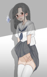 Rule 34 | 1girl, asymmetrical bangs, asymmetrical hair, bar censor, black hair, blue neckerchief, blunt bangs, blush, breasts, brown eyes, censored, cleft of venus, clothes lift, embarrassed, female focus, highres, lifting own clothes, long hair, looking at viewer, mustee, neckerchief, no panties, open mouth, original, pleated skirt, pointless censoring, pussy, raised eyebrows, sailor collar, sailor shirt, school uniform, serafuku, shadow, shirt, short sleeves, simple background, skirt, skirt lift, small breasts, solo, thighhighs, white sailor collar, white thighhighs