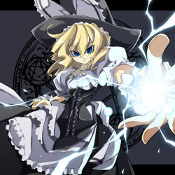 Rule 34 | &gt;:), 1girl, adapted costume, black hat, black skirt, blonde hair, blue eyes, bow, braid, closed mouth, eyebrows, female focus, frills, glowing, hat, hat bow, kirisame marisa, letterboxed, long hair, looking at viewer, magic, magic circle, outstretched arm, puffy short sleeves, puffy sleeves, reaching, reaching towards viewer, shirt, short sleeves, single braid, skirt, smile, solo, tooya, touhou, touya (the-moon), underbust, v-shaped eyebrows, white bow, white shirt, witch hat