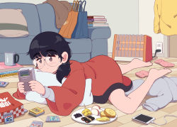 Rule 34 | 1girl, aragon honnin, bad id, bad tumblr id, bag, barefoot, black hair, blue bag, blush, book, cellphone, charging device, couch, cup, electrical outlet, food, full body, game boy, game boy (original), glasses, handheld game console, holding, holding handheld game console, indoors, long hair, lying, medium hair, mug, on stomach, orange bag, original, phone, pillow, plate, smartphone, solo, swept bangs