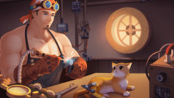 Rule 34 | 1boy, animal, apron, artist request, bandana, bara, bare arms, bare shoulders, billy (gyee), black apron, blue eyes, brown hair, cat, collarbone, facial hair, full body, goatee, gyee, highres, large pectorals, male focus, muscular, muscular male, official art, official wallpaper, overalls, pectoral cleavage, pectorals, short hair, sidepec, skateboard, smile, solo, wrench