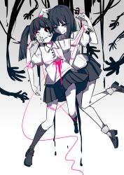 Rule 34 | 2girls, aie, bad id, bad pixiv id, black footwear, black hair, black legwear, black skirt, blood, blunt bangs, collared shirt, colored skin, dripping, dripping eye, extra arms, eyeball, grey eyes, hand on another&#039;s cheek, hand on another&#039;s face, highres, looking at viewer, monoe, monoko, multiple girls, open mouth, pleated skirt, shaded face, shirt, shoes, short sleeves, skirt, smile, socks, spot color, stitches, string, string of fate, twintails, white legwear, white shirt, white skin, yume nikki