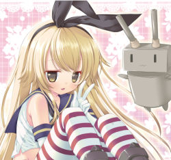Rule 34 | 10s, 1girl, blonde hair, gloves, hairband, kantai collection, kashiwagi yun, niwaka yuan, personification, rensouhou-chan, shimakaze (kancolle), solo, striped clothes, striped thighhighs, thighhighs, yellow eyes