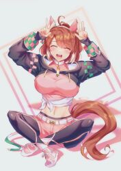 1girl :d ^_^ absurdres animal_ears black_pants breasts brown_hair closed_eyes commentary cynthia_(uuzz5324) dantsu_flame_(umamusume) double_v ear_covers full_body highres horse_ears horse_girl horse_tail indian_style large_breasts midriff multicolored_hair navel open_mouth pants pink_footwear pink_shorts shoes shorts sitting smile solo tail two-tone_hair umamusume v