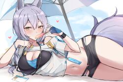 Rule 34 | 1girl, absurdres, animal ears, arknights, beach umbrella, black shorts, blue sky, breasts, cleavage, clothes writing, cloud, commission, crop top, day, food, heart, highres, holding, holding food, holding popsicle, large tail, long hair, looking at viewer, lying, mango (mgo), midriff, navel, official alternate costume, on side, outdoors, pixiv commission, popsicle, provence (arknights), provence (casual vacation) (arknights), purple hair, shirt, short shorts, shorts, single bare shoulder, sky, solo, stomach, tail, thighs, umbrella, white shirt, wolf ears, wolf tail, yellow eyes