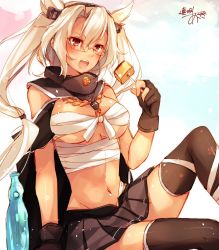 Rule 34 | 1girl, black thighhighs, blonde hair, blush, breasts, budget sarashi, dark-skinned female, dark skin, eating, glasses, gloves, headgear, highres, kantai collection, large breasts, long hair, looking at viewer, midriff, musashi (kancolle), musashi kai (kancolle), one-hour drawing challenge, open mouth, pleated skirt, pointy hair, ramune, red eyes, sarashi, signature, skirt, solo, thighhighs, toosaka asagi, twintails