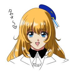 Rule 34 | 1girl, alternate hairstyle, ascot, atago (kancolle), beret, blonde hair, blue eyes, commentary request, hat, heart, jacket, kantai collection, kidou senkan nadesico, long hair, mini hat, misumaru yurika, open mouth, parody, partially colored, perepere-kun, retro artstyle, simple background, sketch, smile, solo, style parody, translation request, upper body, white background