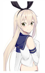 Rule 34 | 1girl, bare shoulders, black ribbon, blue sailor collar, brown eyes, closed mouth, commentary request, crop top, elbow gloves, gloves, hair between eyes, hair ribbon, kantai collection, kohakope, light brown hair, long hair, looking at viewer, looking to the side, ribbon, sailor collar, shimakaze (kancolle), shirt, simple background, sleeveless, sleeveless shirt, smile, solo, upper body, very long hair, white background, white gloves, white shirt