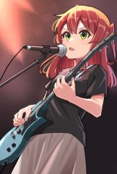 Rule 34 | 1girl, 5alive, black shirt, bocchi the rock!, brown skirt, commentary, electric guitar, green eyes, guitar, hair between eyes, highres, holding, holding instrument, instrument, kita ikuyo, long hair, microphone, microphone stand, music, one side up, open mouth, playing instrument, red hair, shirt, short sleeves, skirt, solo
