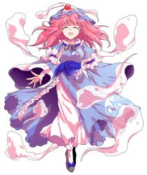 Rule 34 | 1girl, alphes (style), arm ribbon, blue dress, dairi, dress, closed eyes, full body, ghost, hat, highres, layered dress, long sleeves, open mouth, parody, pink hair, ribbon, saigyouji yuyuko, sash, smile, solo, style parody, touhou, transparent background, triangular headpiece, white dress, wide sleeves