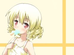 Rule 34 | 1girl, blonde hair, drill hair, female focus, food, luna child, popsicle, red eyes, shino megumi, solo, touhou, yousei daisensou
