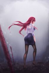 Rule 34 | 1girl, ass, black pantyhose, blue bra, blue skirt, blurry, blurry foreground, bra, earrings, fate/grand order, fate (series), floating hair, hair intakes, highres, jewelry, long hair, long sleeves, looking at viewer, looking back, miniskirt, outdoors, pantyhose, pantylines, pencil skirt, rain, red eyes, red hair, scathach (fate), see-through, shirt, side slit, skirt, skyde kei, solo, standing, underwear, very long hair, wet, wet clothes, wet shirt, wet skirt, white shirt