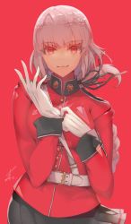 Rule 34 | belt, braid, fate/grand order, fate (series), florence nightingale (fate), gloves, hair tie, highres, military, military uniform, pink hair, putting on gloves, red eyes, saihate (d3), single braid, solo, uniform, white gloves
