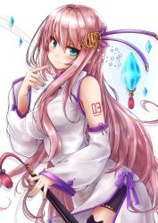 Rule 34 | 1girl, :s, akino coto, blue eyes, blush, breasts, china dress, chinese clothes, commentary request, detached sleeves, dress, hair ornament, highres, large breasts, long hair, looking at viewer, megurine luka, nail polish, pink hair, profile, revision, shorts under dress, side slit, solo, tattoo, thighhighs, vocaloid, white background
