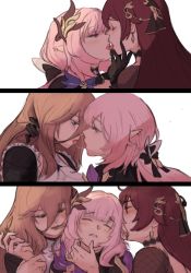 Rule 34 | 3girls, after kiss, aponia (honkai impact), blush, brown hair, closed eyes, dress, earrings, eden (honkai impact), eimikohaver, elysia (honkai impact), elysia (miss pink elf) (honkai impact), fortissimo, french kiss, gloves, hair ornament, highres, honkai (series), honkai impact 3rd, jewelry, kiss, long hair, looking at another, multiple girls, musical note, musical note hair ornament, parted lips, pink hair, pointy ears, saliva, saliva trail, tongue, tongue out, yuri