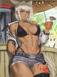Rule 34 | 2020, abs, animal ears, artist name, belt, bikini, black bikini, blue eyes, body markings, breasts, caenis (fate), cleavage, cocktail, cocktail umbrella, collarbone, cowboy shot, cup, cutoffs, dark-skinned female, dark skin, denim, denim shorts, deviantart username, fate/grand order, fate (series), hair intakes, highleg, highleg bikini, highleg bikini bottom, holding, holding cup, jacket, jeanne d&#039;arc (swimsuit archer) (second ascension) (fate), jewelry, large breasts, lips, medium hair, navel, necklace, nose, open clothes, open jacket, parted lips, patreon username, pubic tattoo, realistic, sciamano240, short shorts, shorts, signature, skindentation, solo focus, studded jacket, swimsuit, tattoo, unfinished, white hair