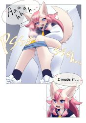 Rule 34 | 1girl, animal ears, blue eyes, breath, clothes pull, english text, fang, female focus, furry, furry female, heart, jacket, long hair, open mouth, panties, panty pull, peeing, pink hair, restroom, shirt, shorts, shorts pull, sitting, solo, sweat, tail, tears, toilet, toilet use, trembling, underwear, unousaya, yellow panties, yellow shirt