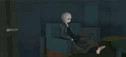 Rule 34 | 1boy, armchair, bad id, bad pixiv id, barefoot, blanket, chair, coat, dark, expressionless, lito (24281122), long hair, looking away, male focus, mikan muzou, ponytail, room, silver hair, solo, soutarou (mikan muzou)
