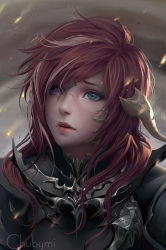 Rule 34 | 1girl, armor, artist name, au ra, chuby mi, dragon horns, eyelashes, final fantasy, final fantasy xiv, heterochromia, highres, horns, lips, long hair, looking up, parted lips, red hair, scales, solo, upper body, wind
