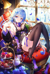 Rule 34 | 1girl, :o, absurdres, ass, bare shoulders, black dress, black footwear, black jacket, black thighhighs, blue eyes, blue flower, blue hair, blue rose, blush, book, breasts, chair, cleavage, cup, dress, emori miku, flower, fur-trimmed jacket, fur trim, glint, hair ornament, highres, holding, holding book, holding cup, huge filesize, jacket, knees up, lamp, large breasts, light particles, liver city, long hair, long sleeves, looking at viewer, neck ribbon, nemusuke, no shoes, off shoulder, open clothes, open jacket, parted lips, petals, puffy sleeves, purple ribbon, ribbon, rose, shoes, unworn shoes, sidelocks, sitting, sleeveless, sleeveless dress, solo, table, teacup, thighhighs, thighs, very long hair, window