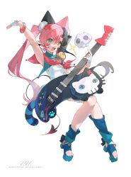 Rule 34 | 1girl, absurdres, arm up, bell, guitar, hair ornament, hairclip, heterochromia, highres, instrument, multicolored hair, original, solo, tail, white background, z3zz4