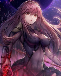 Rule 34 | 1girl, armor, bodysuit, breasts, closed mouth, commentary, covered erect nipples, covered navel, dual wielding, fate/grand order, fate (series), gae bolg (fate), hisahisahisahisa, holding, light particles, lips, long hair, looking at viewer, md5 mismatch, medium breasts, pauldrons, polearm, purple bodysuit, purple hair, red eyes, red hair, resolution mismatch, revision, scathach (fate), shoulder armor, skin tight, solo, source larger, spear, standing, static, weapon