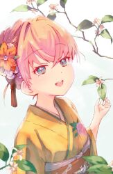 Rule 34 | 1girl, aqua eyes, blurry, blurry foreground, branch, brown sash, commentary request, floral print kimono, flower, hair flower, hair ornament, half-closed eyes, hasu no sora karuta (love live!), highres, hinoshita kaho, japanese clothes, kimono, lao ren xing, link! like! love live!, looking at viewer, love live!, obi, open mouth, orange flower, orange hair, sash, short hair, simple background, smile, solo, teeth, updo, upper body, upper teeth only, virtual youtuber, white background, yellow kimono