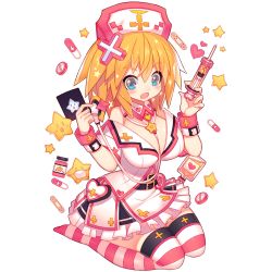 Rule 34 | 1girl, :o, bandaid, bare shoulders, belt, between breasts, blonde hair, blue eyes, blush, breasts, cleavage, cross, detached collar, frilled skirt, frills, full body, hair ornament, hat, heart, jar, large breasts, looking at viewer, mamuru, mask, mouth mask, no shoes, nurse, nurse cap, off shoulder, open mouth, pillow, pouch, seiza, short sleeves, sitting, skirt, smile, solo, star (symbol), stethoscope, striped clothes, striped thighhighs, syringe, thighhighs, transparent background, twinkle (uchi no hime-sama ga ichiban kawaii), uchi no hime-sama ga ichiban kawaii, wristband