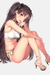 Rule 34 | 1girl, :o, alternate costume, annoyed, armpits, ass, bad id, bad pixiv id, bare arms, bare legs, bare shoulders, bikini, black hair, black ribbon, blush, breasts, choker, crop top, earrings, fate/grand order, fate (series), feet, female focus, grey background, hair ribbon, halterneck, hand on own cheek, hand on own face, head tilt, high heels, highres, hugging own legs, ishtar (fate), jewelry, knees up, legs, long hair, looking at viewer, medium breasts, nail polish, navel, neck, neck ring, no socks, open mouth, parted bangs, red eyes, ribbon, sandals, shoes, simple background, sitting, sleeveless, solo, strapless, swimsuit, thighs, toeless footwear, toes, tohsaka rin, two side up, type-moon, very long hair, white bikini, yuran