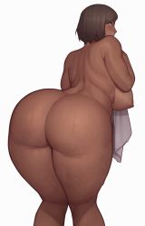 Rule 34 | 1girl, absurdres, alternate body size, alternate breast size, ass, asura (asurauser), avatar legends, back, blue eyes, blush, breasts, brown hair, dark-skinned female, dark skin, from behind, highres, huge ass, huge breasts, korra, large breasts, leaning forward, legs together, looking back, nipples, plump, short hair, simple background, solo, the legend of korra, thick thighs, thighs, towel, wet, wide hips