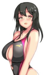 Rule 34 | 1girl, bare shoulders, black hair, black one-piece swimsuit, blush, breasts, cleavage, cleavage cutout, clothing cutout, hair ornament, hairclip, huge breasts, kantai collection, long hair, looking at viewer, montemasa, navel, one-piece swimsuit, open mouth, oyashio (kancolle), simple background, sleeveless, solo, stomach cutout, swimsuit, upper body, white background, yellow eyes