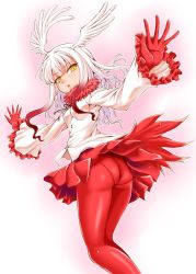 Rule 34 | 10s, 1girl, ass, bird tail, bird wings, blush, breasts, buttons, chiaki tarou, eyebrows, feathered wings, feathers, frilled sleeves, frills, gloves, gradient hair, hair intakes, head wings, japanese crested ibis (kemono friends), kemono friends, legs together, long hair, long sleeves, multicolored hair, open mouth, outstretched arms, pantyhose, pantylines, pleated skirt, red gloves, red hair, red pantyhose, shirt, simple background, skirt, small breasts, solo, tail, twisted torso, two-tone hair, white background, white hair, white shirt, white wings, wings, yellow eyes