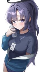 Rule 34 | 1girl, absurdres, arm behind back, black halo, blue archive, blue buruma, blue eyes, blue hair, blue jacket, blue shirt, blush, bottle, breasts, buruma, closed mouth, gym shirt, gym uniform, halo, hashtag-only commentary, highres, holding, holding bottle, id card, jacket, looking at viewer, mechanical halo, medium breasts, official alternate costume, official alternate hairstyle, parted bangs, partially unzipped, plastic bottle, ponytail, shirt, short sleeves, simple background, smile, solo, springrain 06, track jacket, water bottle, white background, yuuka (blue archive), yuuka (track) (blue archive)
