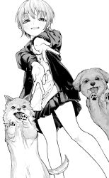 Rule 34 | 1girl, animal, animal hands, blush, cardigan, dog, dog paws, double v, dutch angle, feet out of frame, greyscale, grin, highres, invisible wall, long sleeves, looking at viewer, miniskirt, monochrome, morimoto atsushi, on hind legs, open cardigan, open clothes, original, outstretched arms, parted lips, pet, pleated skirt, short hair, simple background, skirt, smile, solo, v